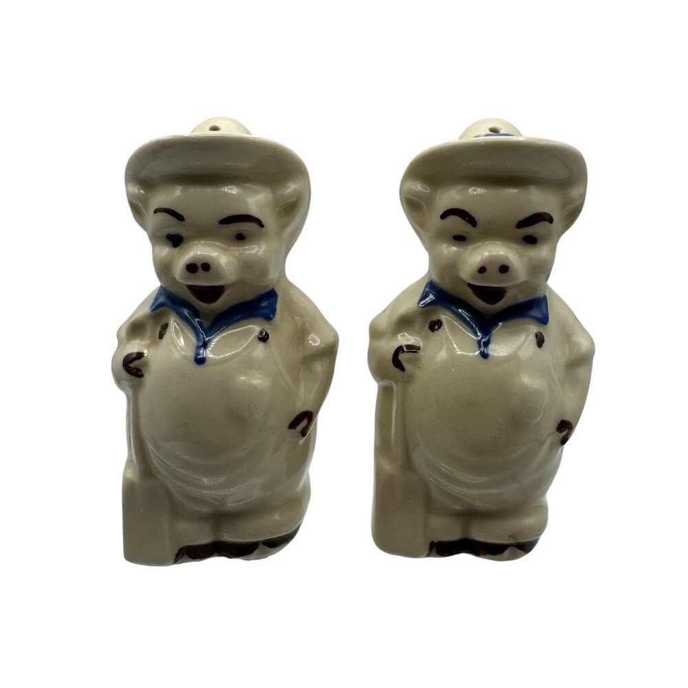 Vintage Ceramic Pig Salt & Pepper Shakers With Blue Accents & Hats